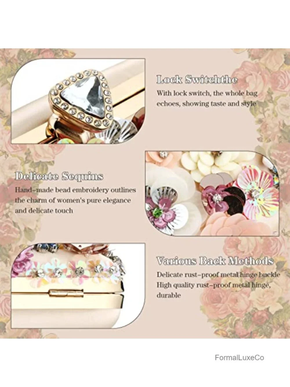Sequins Evening Clutch Bag with Floral Rhinestones Detachable Chain